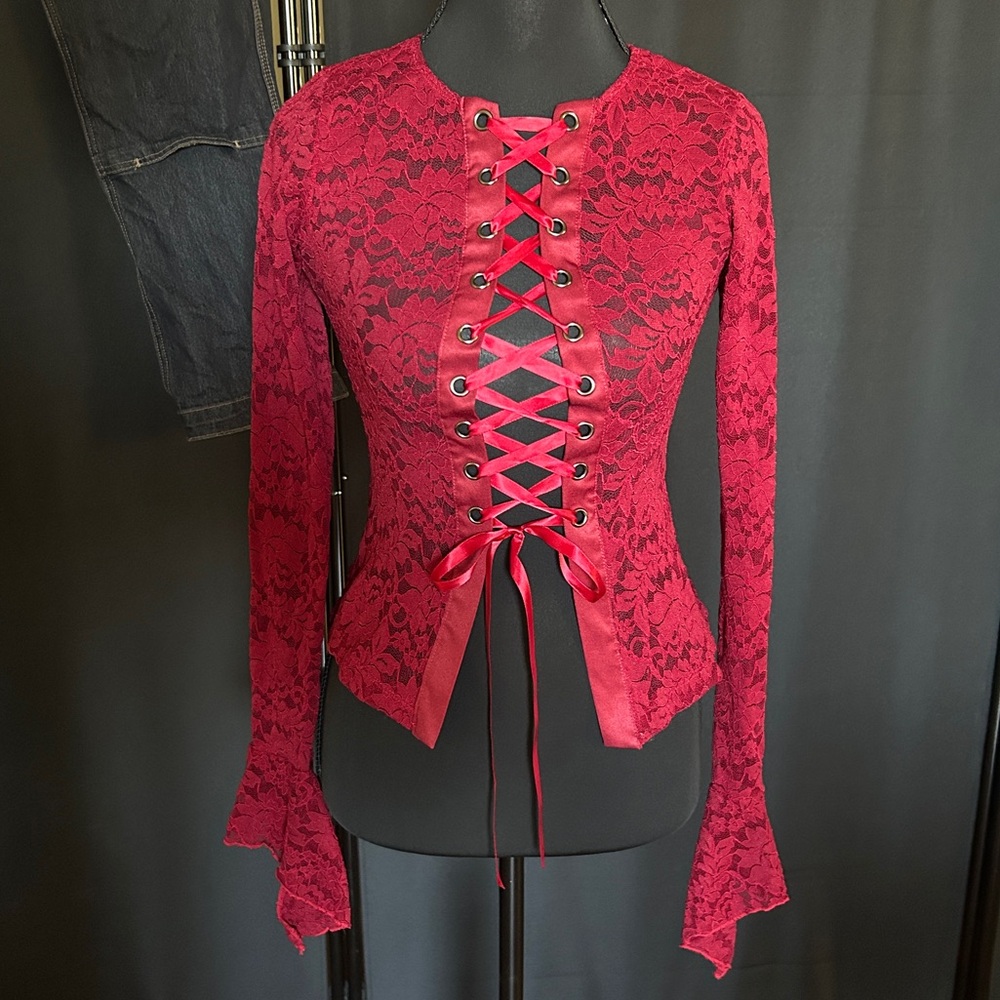 Current mood red lace top with floral lace